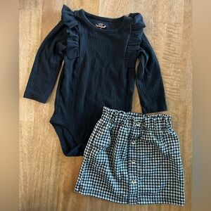 Houndstooth Skirt & Ruffled Black Long Sleeve Bodysuit Set